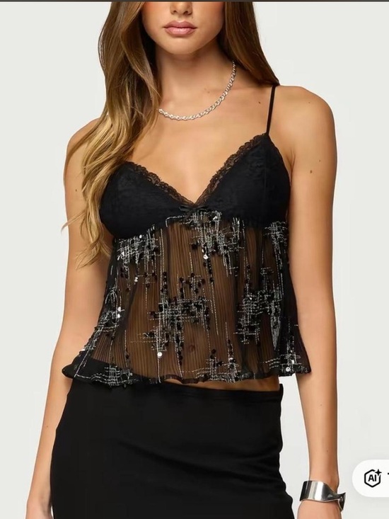 Edikted Tops - Edikted Sequin Mesh Babydoll Top